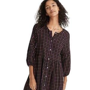 Madewell Plaid Flannel Button-up‎ Dress 2 S Black Pink Plaid Grunge Fairy Cyber